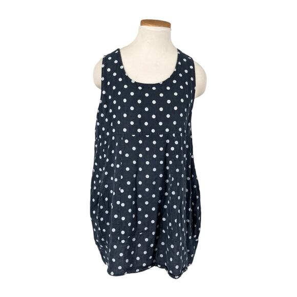 Luca Vanucci 100% Linen Lantern Mini Dress Navy Polka Dot Large Beachy Coastal - Picture 1 of 9